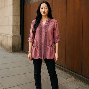 Vintage 90s Purple Mineral Wash Embroidered Front Button Boho Tunic Top Size L